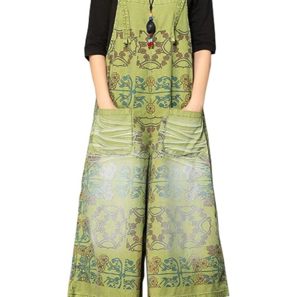 Yesno Khaki Green Floral Denim Oversized Overalls Jumper - Picture 1 of 9